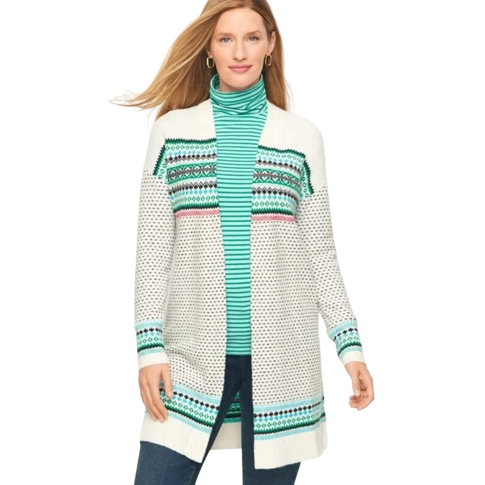 Talbots Breton Fair Isle Ivory Cream Open Cardigan Size Medium Petite NWT